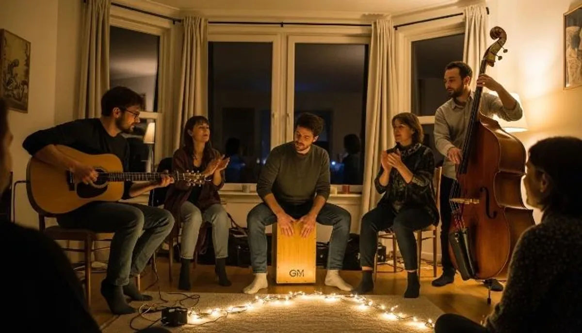 Grupo de músicos experimentando os três elementos musicais