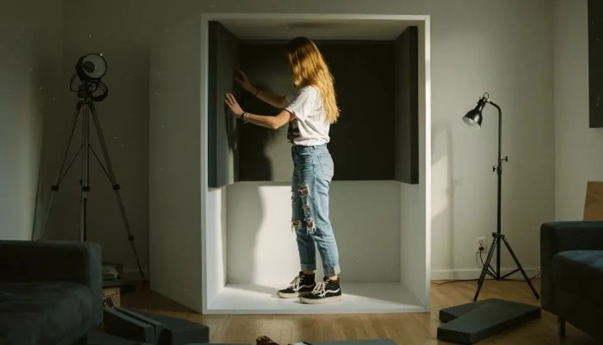 aplicando espumas acústicas nos paineis de MDF