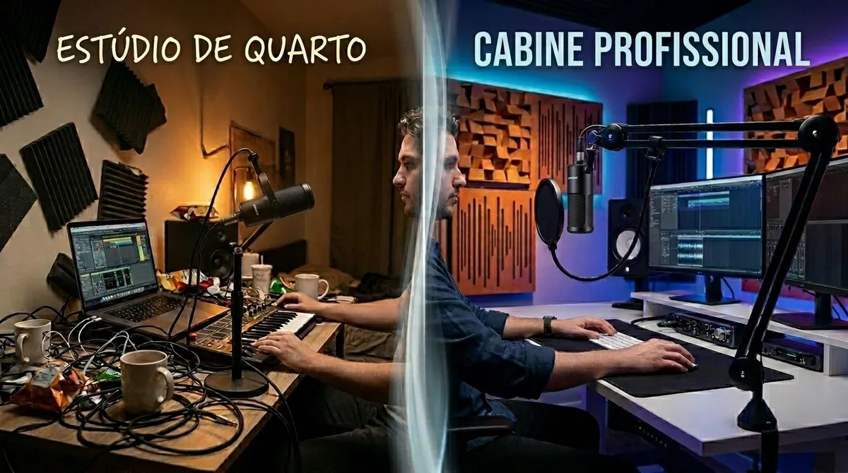Comparação visual entre um quarto transformado em estúdio e uma cabine de gravação profissional.