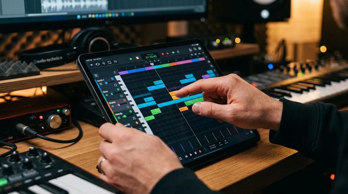 Mãos editando MIDI em um aplicativo de música no tablet.