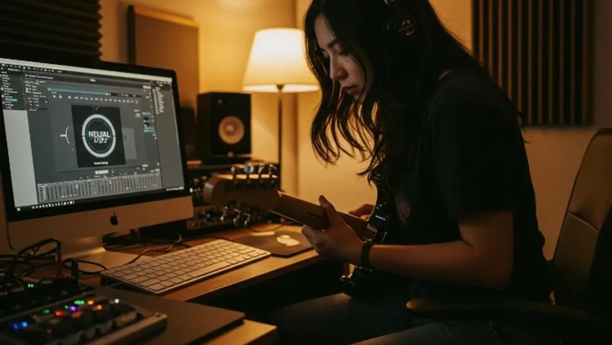 mulher tocando guitarra com o plugin neural dsp