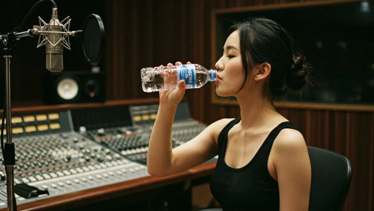 cantora se hidrantando para cuidar da voz antes de cantar