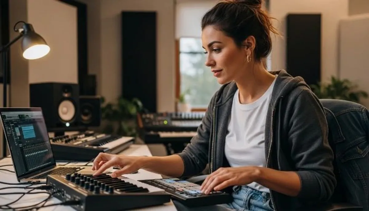 produtora criando beats com controlador MIDI