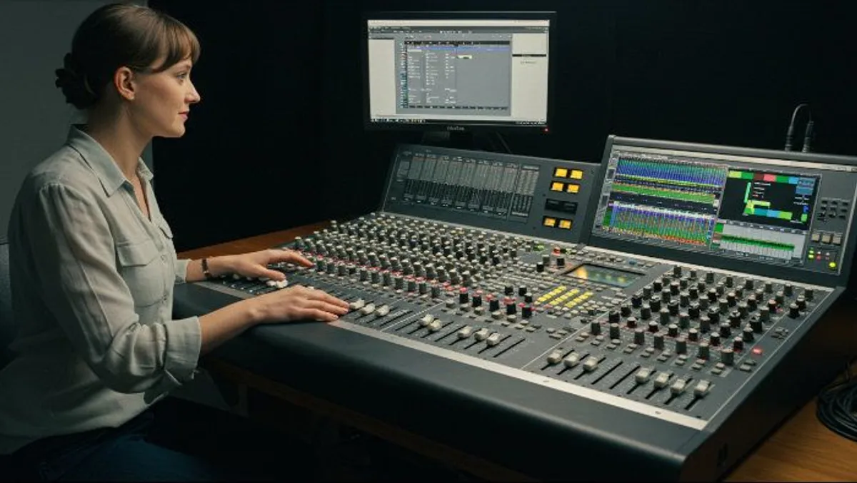 mulher operando uma mesa de som digital