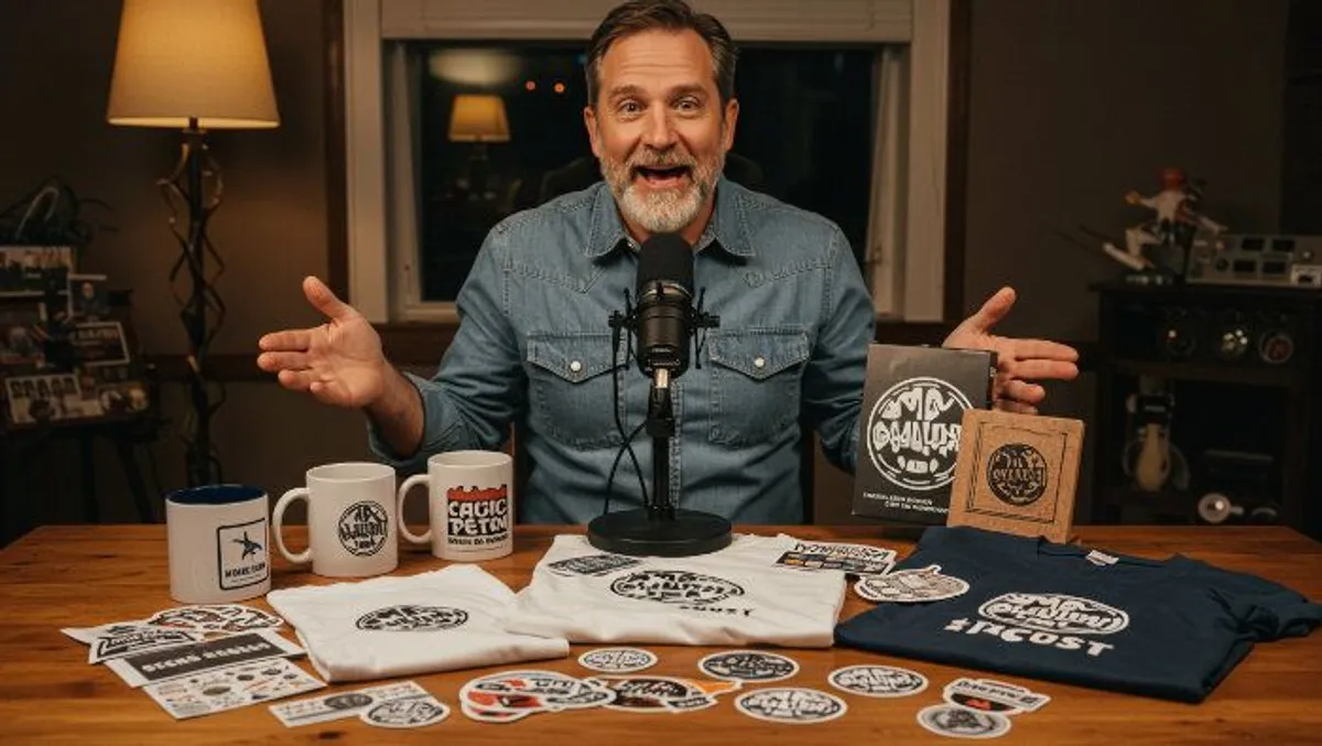 homem mostrando produtos de merchandising sobre a mesa do podcast