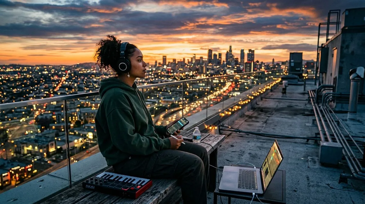 Produtor musical criando música no celular em um terraço ao pôr do sol.