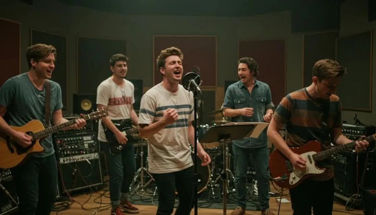 boyband gravando ao vivo em estúdio