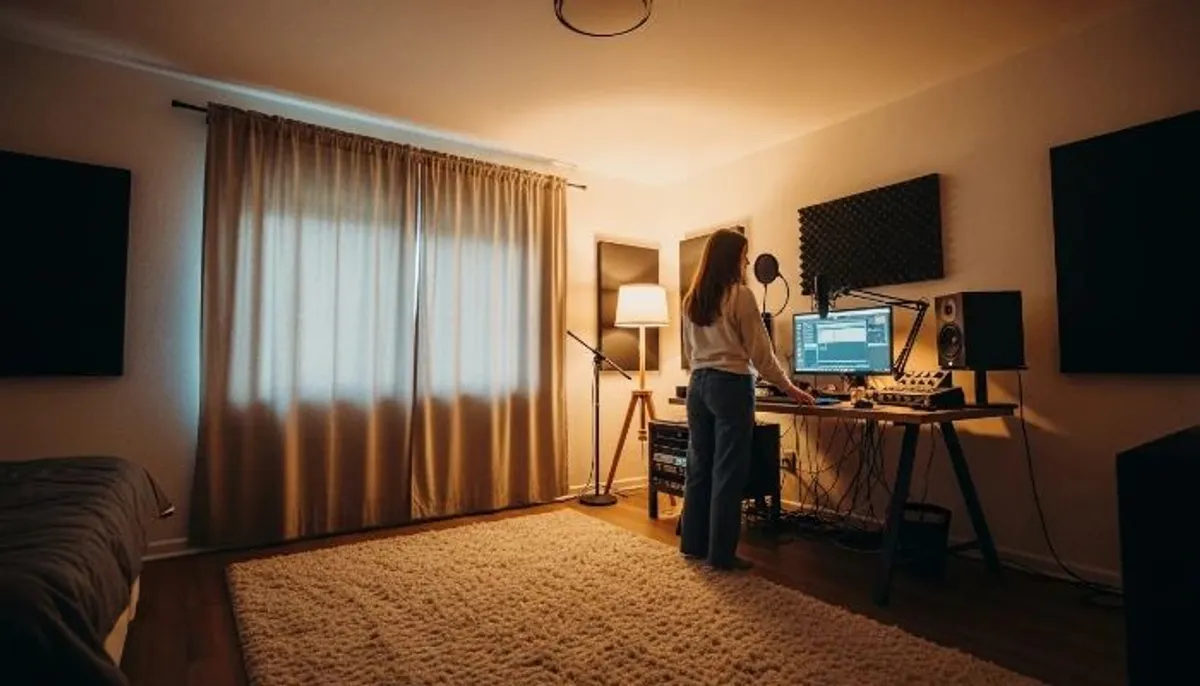 Maria em seu cantinho de gravação no quarto
