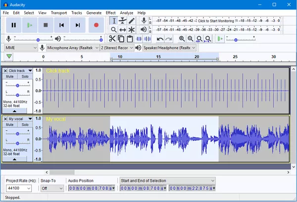 Audacity tela audio sample