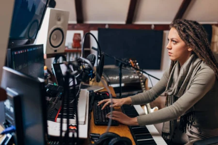Jovem produtora musical editando no Home Studio