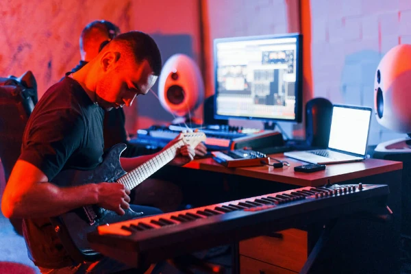 Músicos produzindo em home studio com luz vermelha