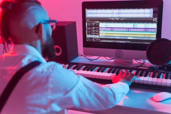 Músico tocando teclado em home studio