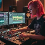 jovem produzindo música em computador