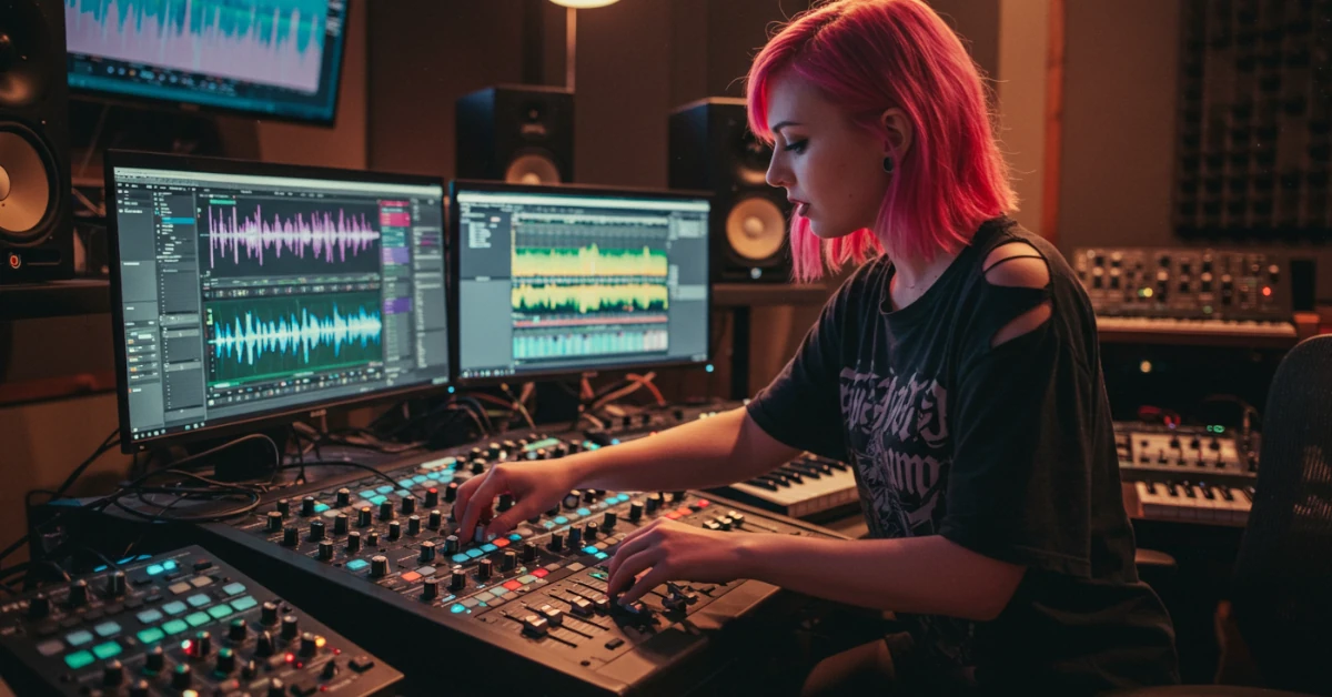 jovem produzindo música em computador