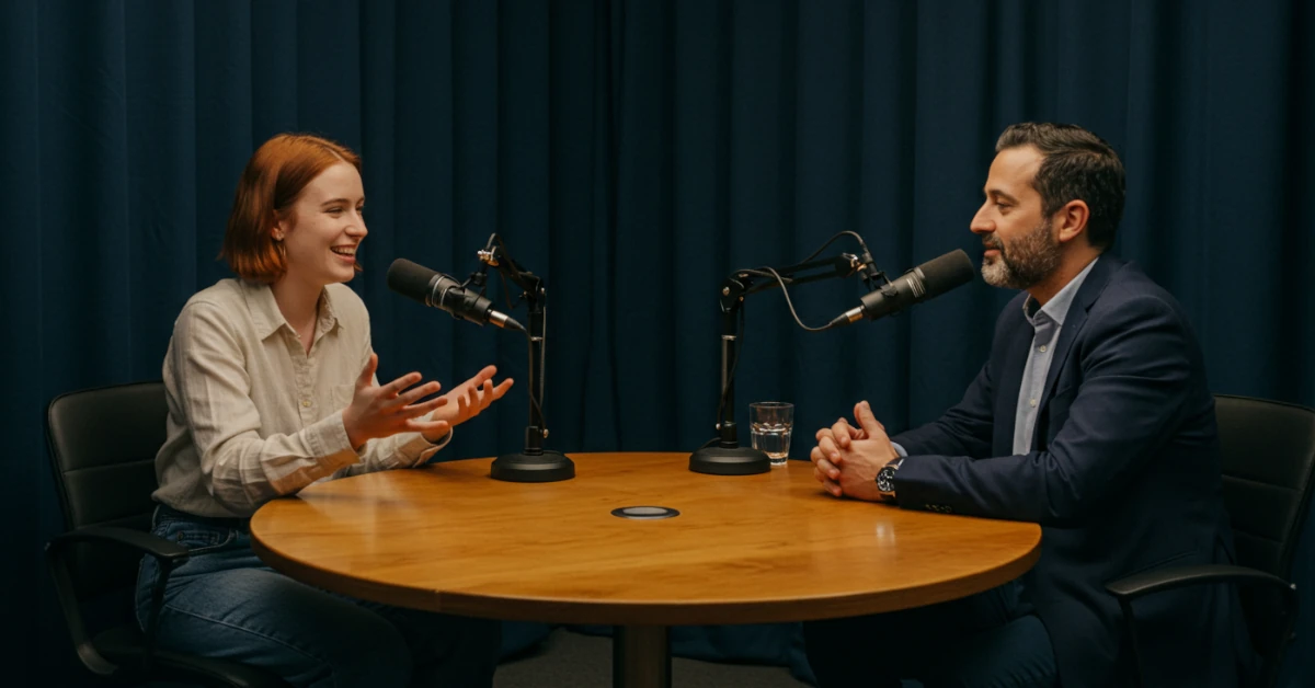 host e convidada em um podcast