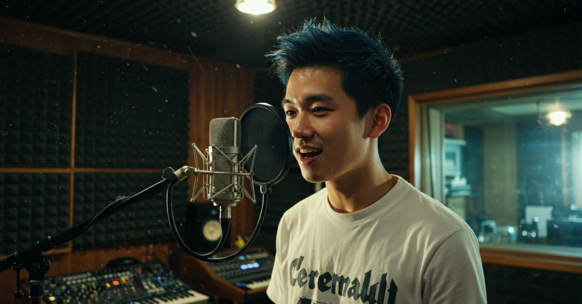 jovem cantor gravando vocal com Neumann U87 com Phantom Power