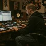 jovem criando sequencia com drum machine virtual