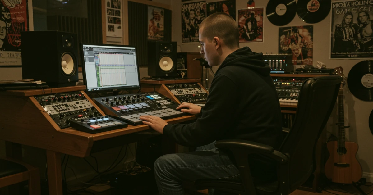 jovem criando sequencia com drum machine virtual