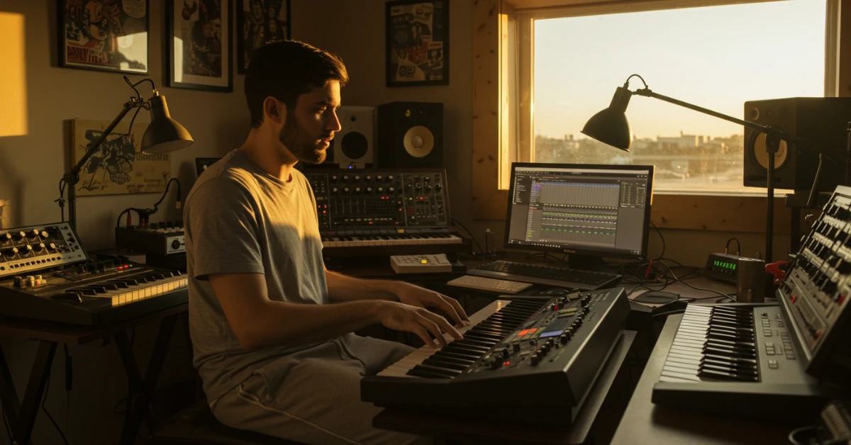 jovem produtor musical usando plugins VST de piano gratuitos