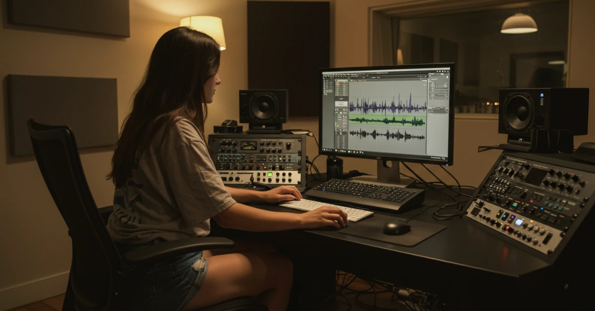 jovem produtora musical enviando arquivos de áudio online