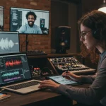 mulher realizando produção musical colaborativa online