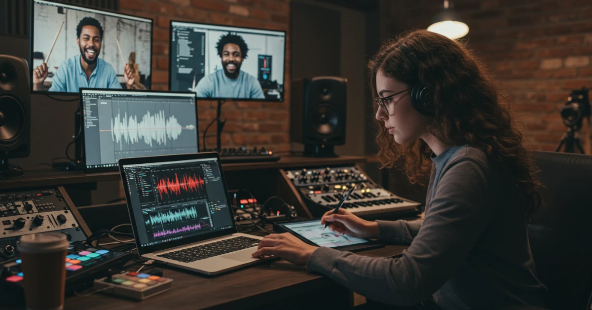 mulher realizando produção musical colaborativa online