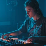 mulher usando controlador midi no home studio