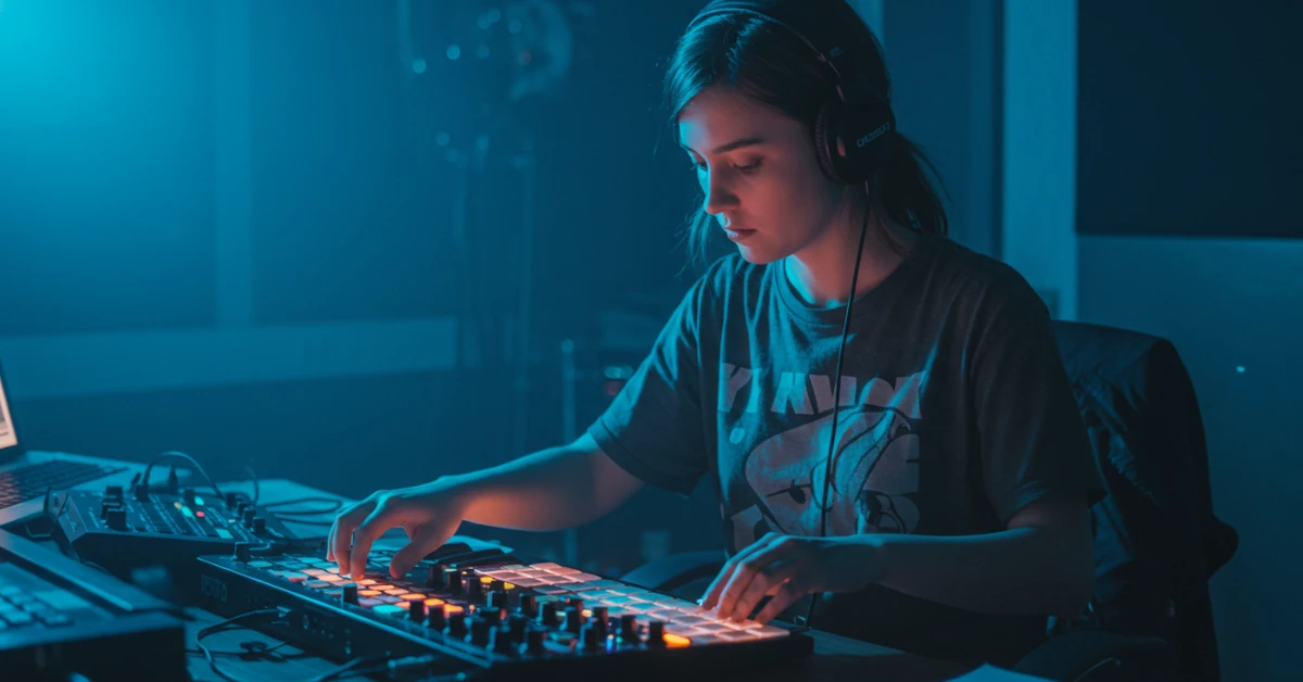mulher usando controlador midi no home studio