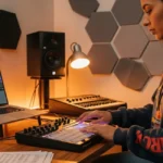 produtora musical criando música com um controlador midi