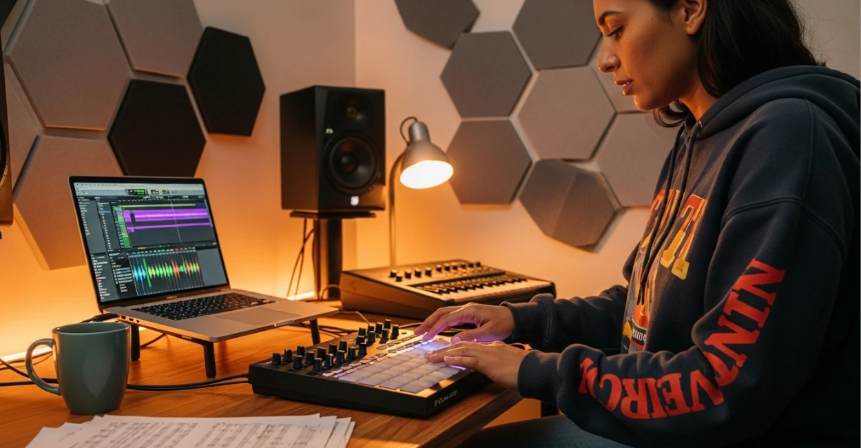 produtora musical criando música com um controlador midi